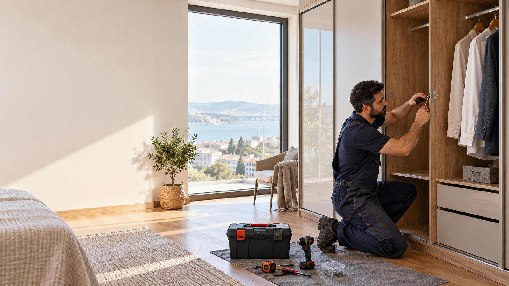 Modern bir evde gardırop montajı yapan usta
